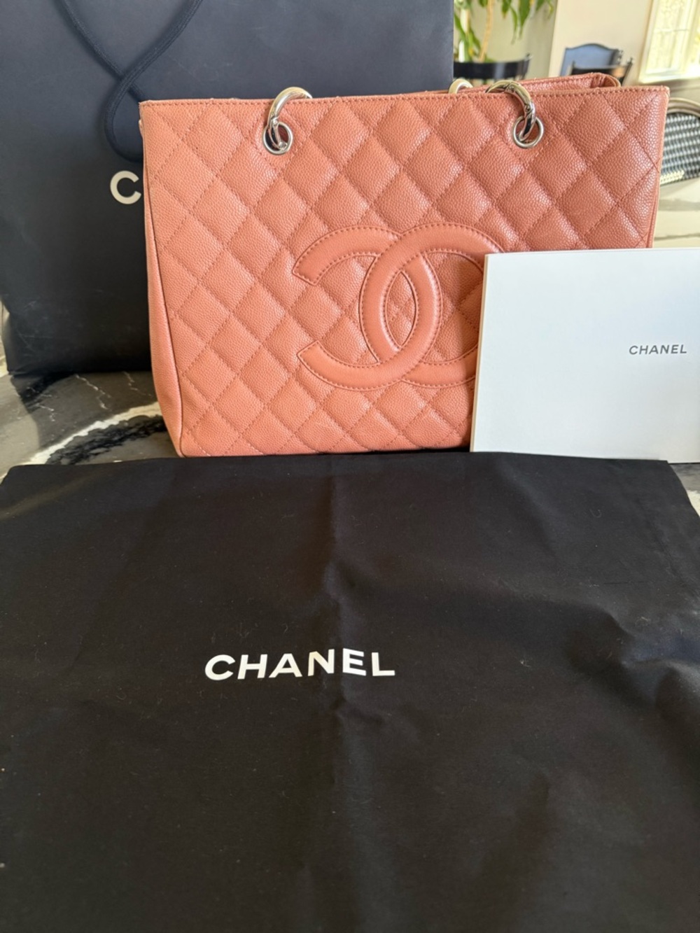 CHANEL Medallion Quilted Caviar Leather Tote in Coral
